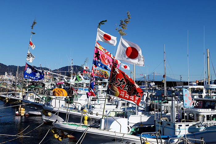 焼津小川港の大漁旗と富士山