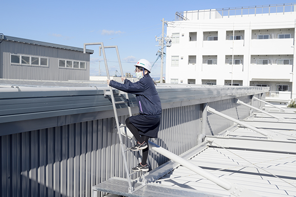 １階の屋根から工場の屋根に階段を上る