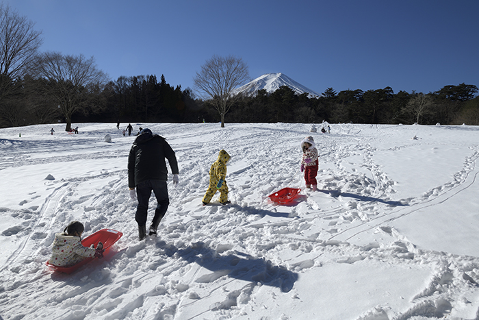 そり遊びの家族連れ