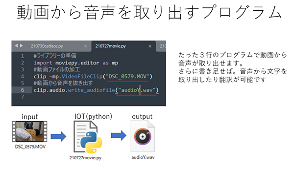 たった３行のプログラムで、動画から音声を抽出できる