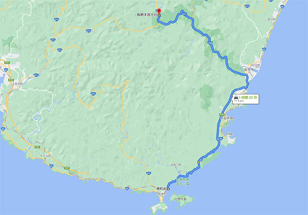 橋杭岩から熊野本宮大社までの地図