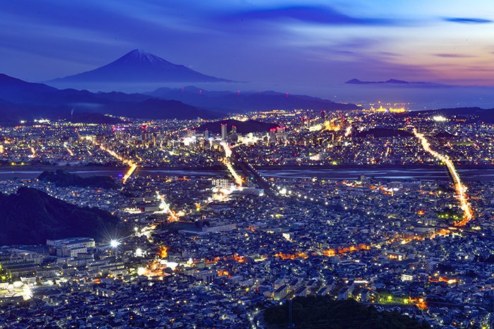 暁と夜景と富士山