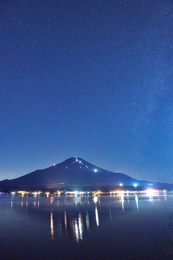天の川と富士登山のライト