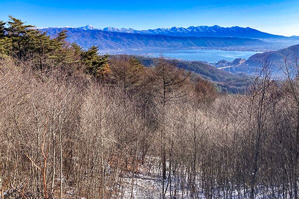 諏訪湖の見える雪原