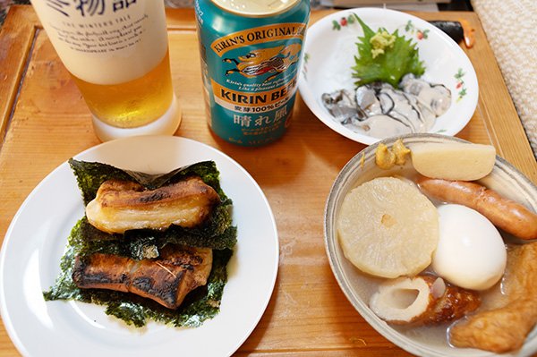 磯部餅とビールで乾杯