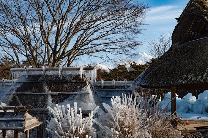 藁ぶき屋根と富士山