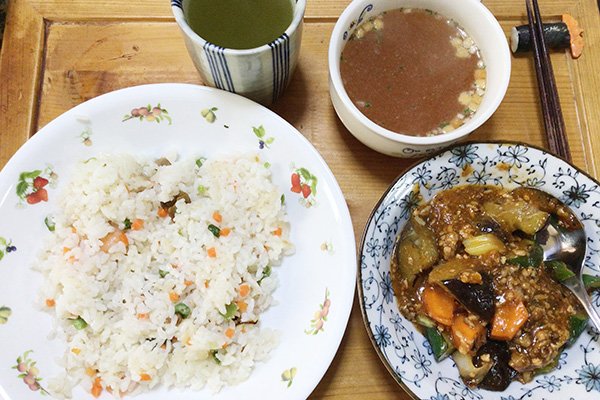 麻婆ナスとピラフ
