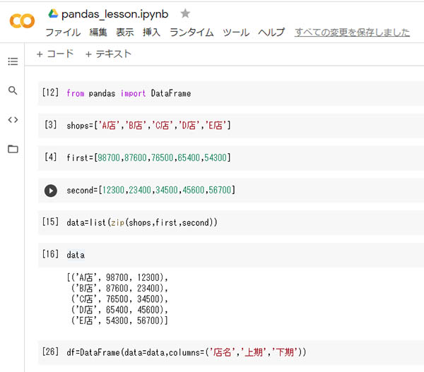 pythonへpandasの実装によりリストを表化します。