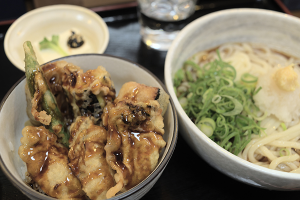 三次二日目はうどん日和のうどんと牡蠣ミニ丼のランチ